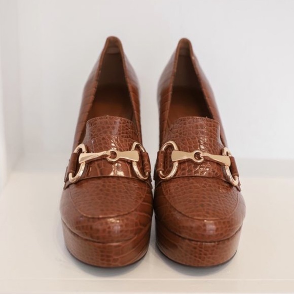 Tan Croc Embossed High Heel Platform Penny Loafer - Picture 2 of 7